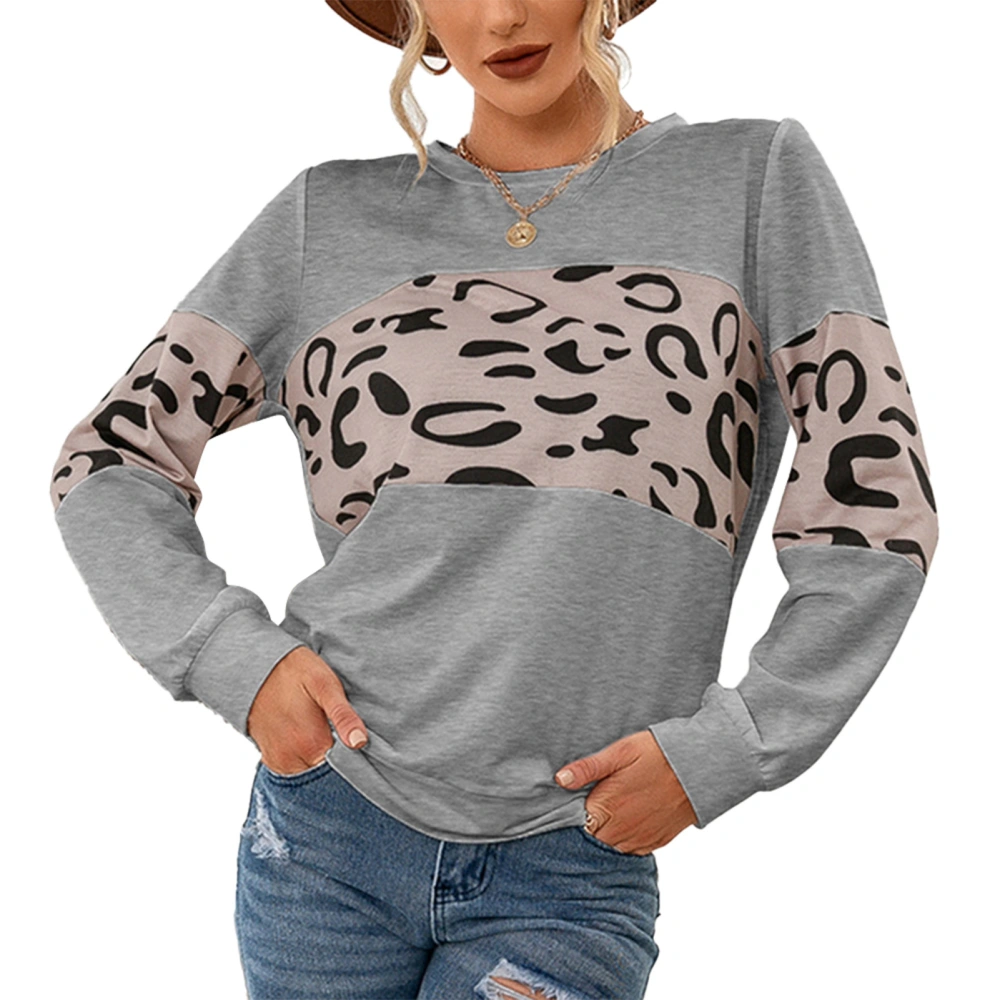 Blouse Long Sleeve Round Neck Pullover Print Casual Basic Fashionable Top for Women Light Gray M