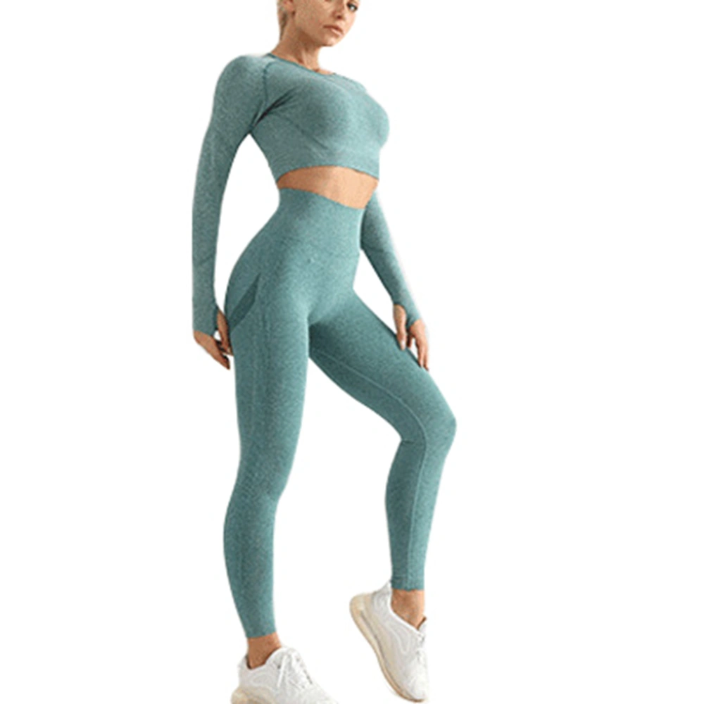 2pcs Women Bodycon Workout Outfits High Stretch Seamless Yoga Suit Knit Casual Outfit Tracksuit Green L