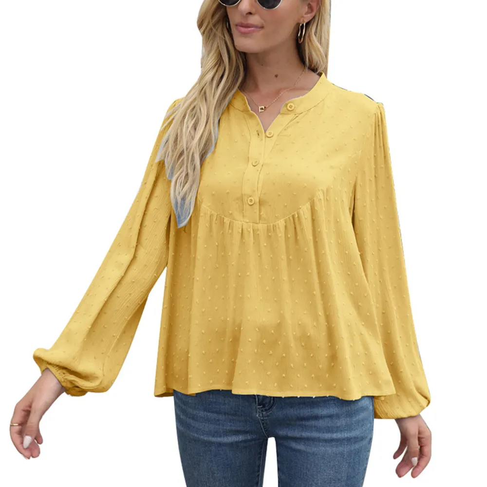 Swiss Dots Top Versatile Pure Color V Neck Wide Long Sleeve Cotton Linen Top for Women Yellow XXL