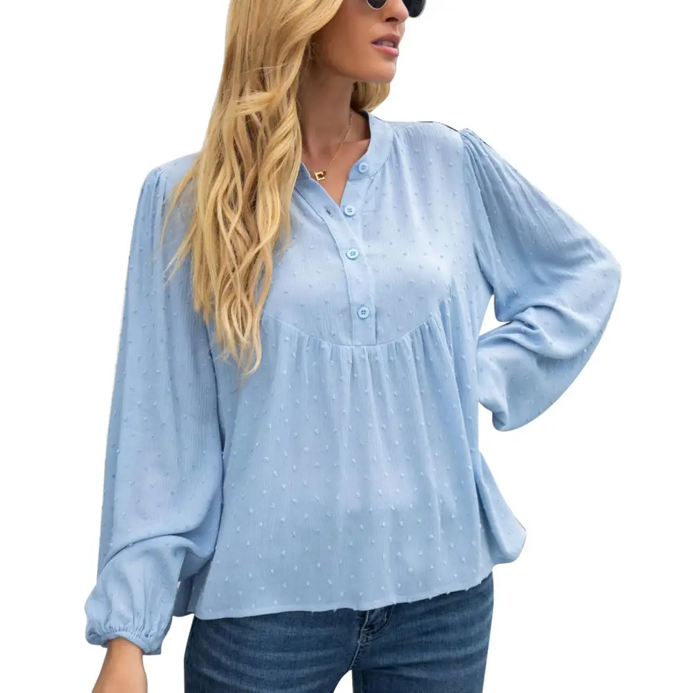 Swiss Dots Top Versatile Pure Color V Neck Wide Long Sleeve Cotton Linen Top for Women Blue M