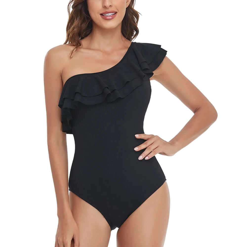 Women One Shoulder Swimwear Asymmetric One Piece Swimsuits Ruffled Bathing Suits Black M