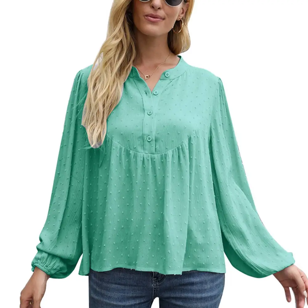 Swiss Dots Top Versatile Pure Color V Neck Wide Long Sleeve Cotton Linen Top for Women Green L