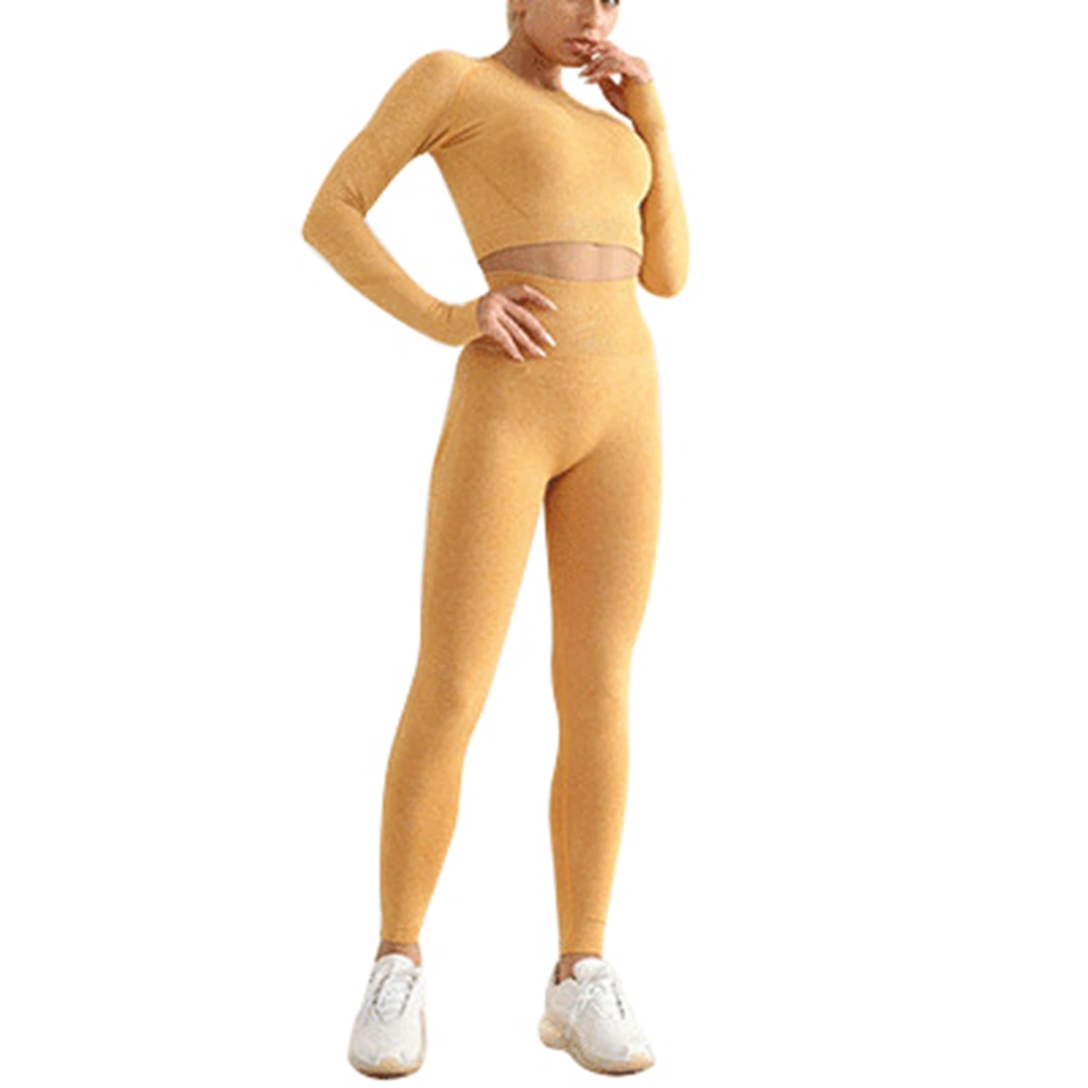 2pcs Women Bodycon Workout Outfits High Stretch Seamless Yoga Suit Knit Casual Outfit Tracksuit Yellow L