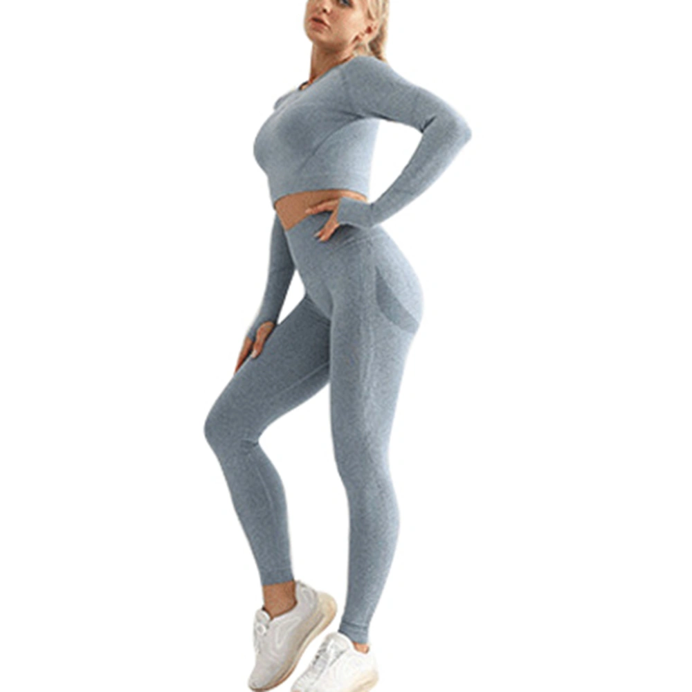 2pcs Women Bodycon Workout Outfits High Stretch Seamless Yoga Suit Knit Casual Outfit Tracksuit Blue S