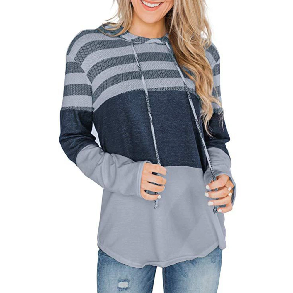 Hooded Sweatshirt Long Sleeve Stripe Splicing Soft Loose Fit Women Pullover Hoodie for Daily College Date Grey L