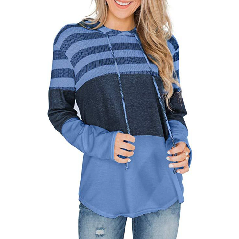 Hooded Sweatshirt Long Sleeve Stripe Splicing Soft Loose Fit Women Pullover Hoodie for Daily College Date Light Blue L