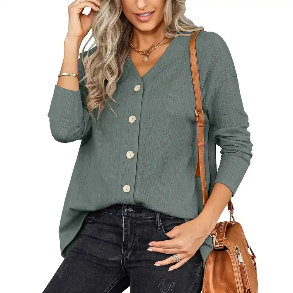 Knitted Cardigan Top Versatile Pure Color V Neck Button Down Long Sleeve Knit Cardigans for Early Autumn Women Gray Green M