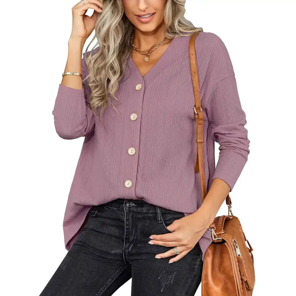 Knitted Cardigan Top Versatile Pure Color V Neck Button Down Long Sleeve Knit Cardigans for Early Autumn Women Dark Pink S