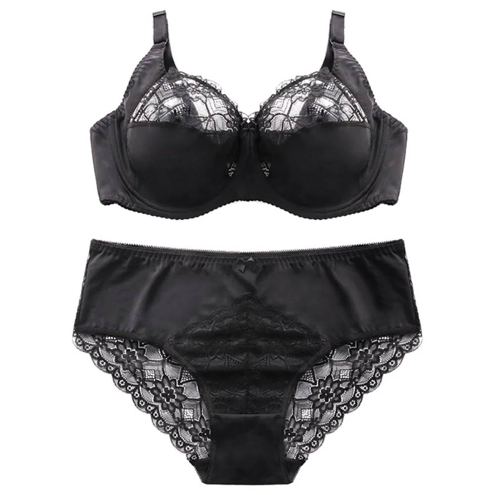 2pcs Women Bra Panty Sets Lace Lingerie Sets Ladies Comfort Padded Underwear Sets Black 40D