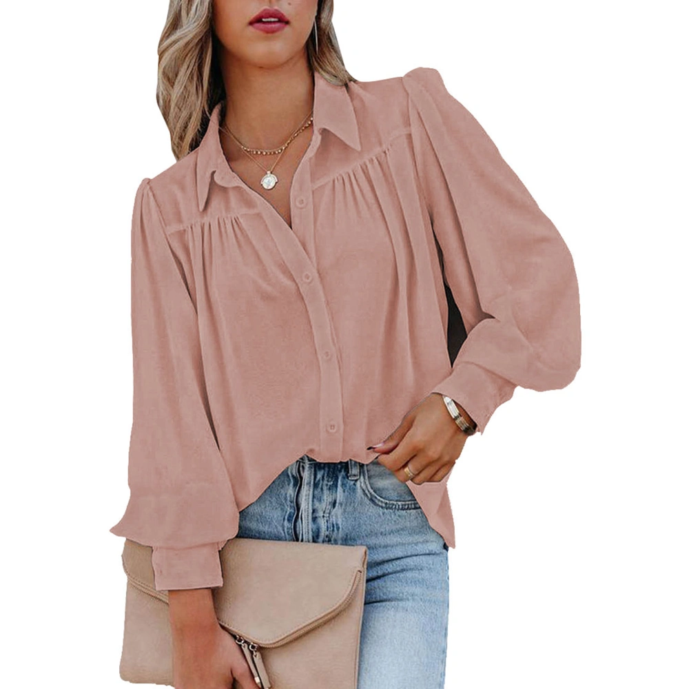 Blouse Long Sleeve Lapel Pure Color Button Down Casual Fashionable Tops for Women Pink S