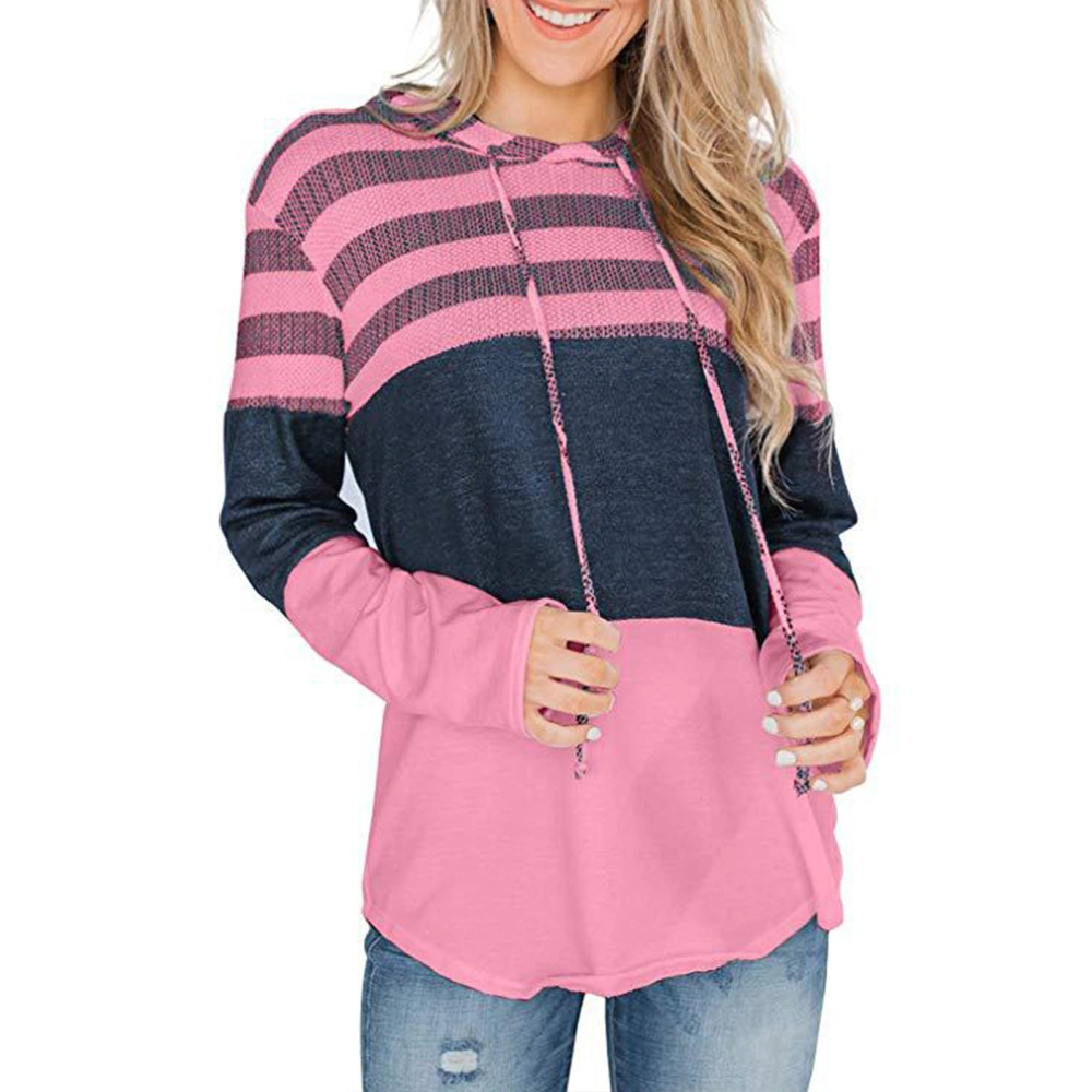 Hooded Sweatshirt Long Sleeve Stripe Splicing Soft Loose Fit Women Pullover Hoodie for Daily College Date Rose Red XXL