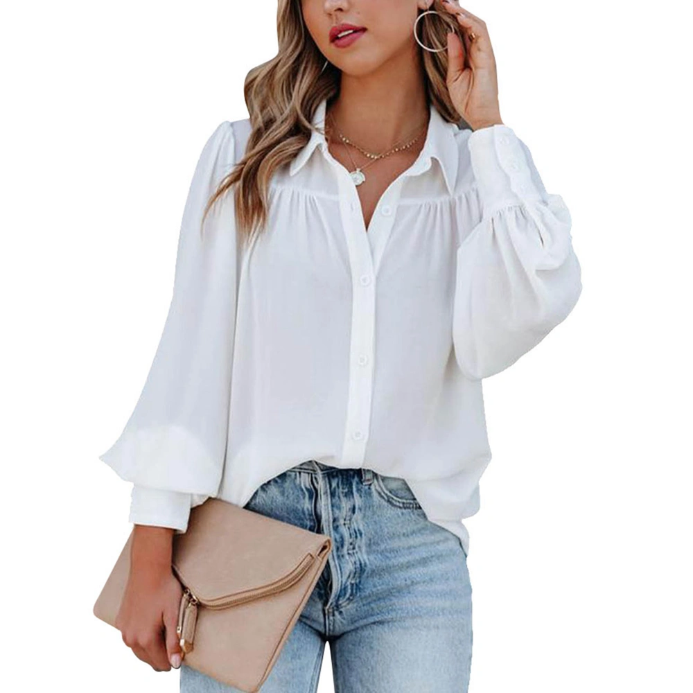 Blouse Long Sleeve Lapel Pure Color Button Down Casual Fashionable Tops for Women White XXL