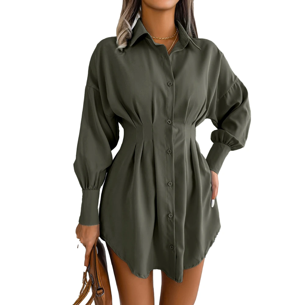 Mini Shirt Dress Polyester Fiber Pleated Cinched Waist Asymmetrical Lapel Collar Button Down Dress OD Green XL