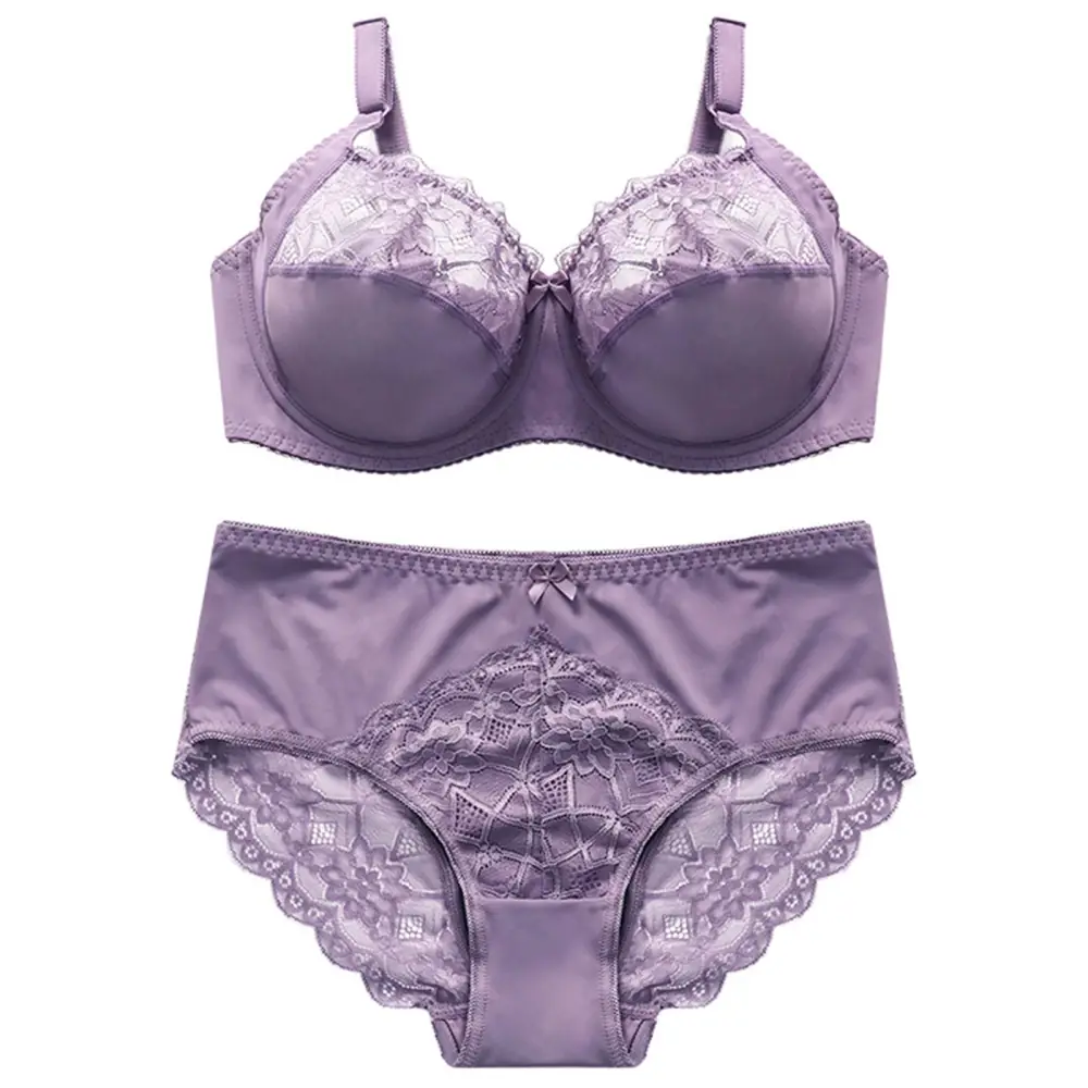 2pcs Women Bra Panty Sets Lace Lingerie Sets Ladies Comfort Padded Underwear Sets Light Dark Purple 38D