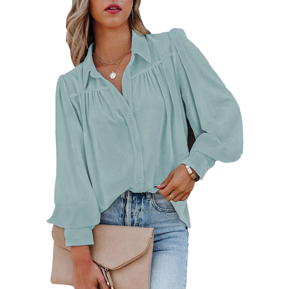 Blouse Long Sleeve Lapel Pure Color Button Down Casual Fashionable Tops for Women Light Blue XXL