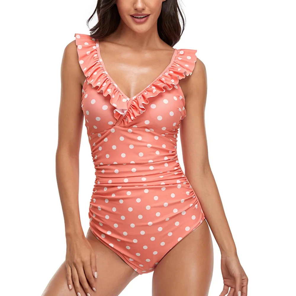 One Piece Swimsuit V Neck Pure Color Ruched Oversized Vintage Bathing Suit for Swimming Pink Dots S