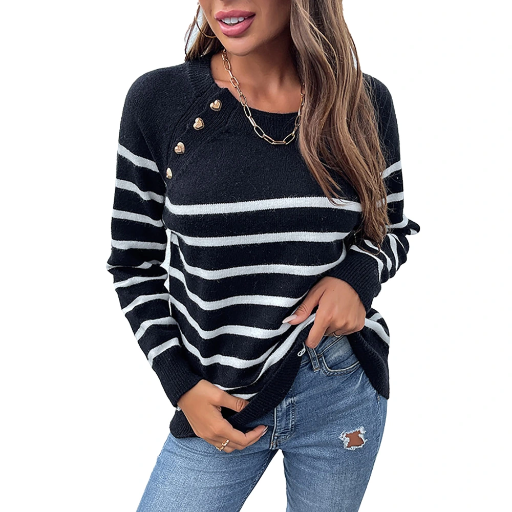 Women Striped Sweater Soft Breathable Material Knitted Striped Design Vivid Colors Women Pullover Sweater for Women Black M