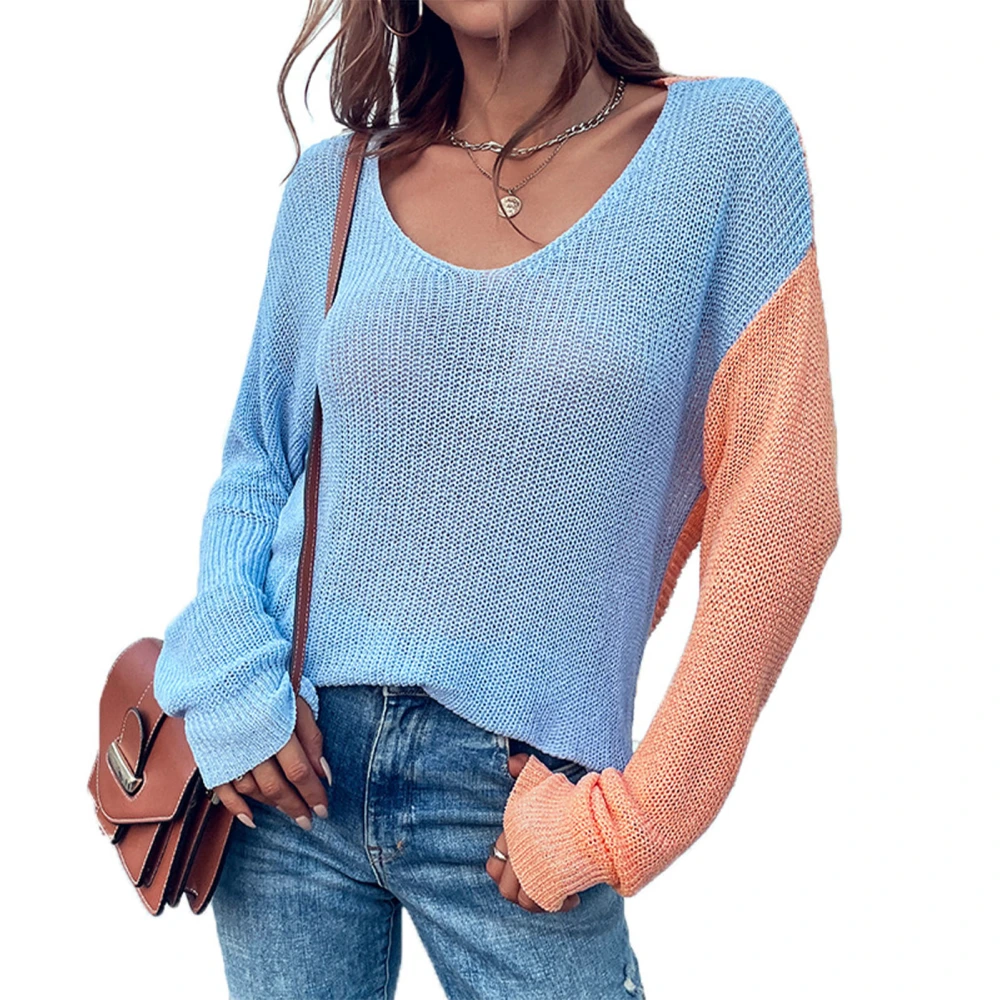 Long Sleeve Backless Sweater V Neck Loose Colorblock Design Soft Comfortable Women Open Back Sweater Backless Top Blue M