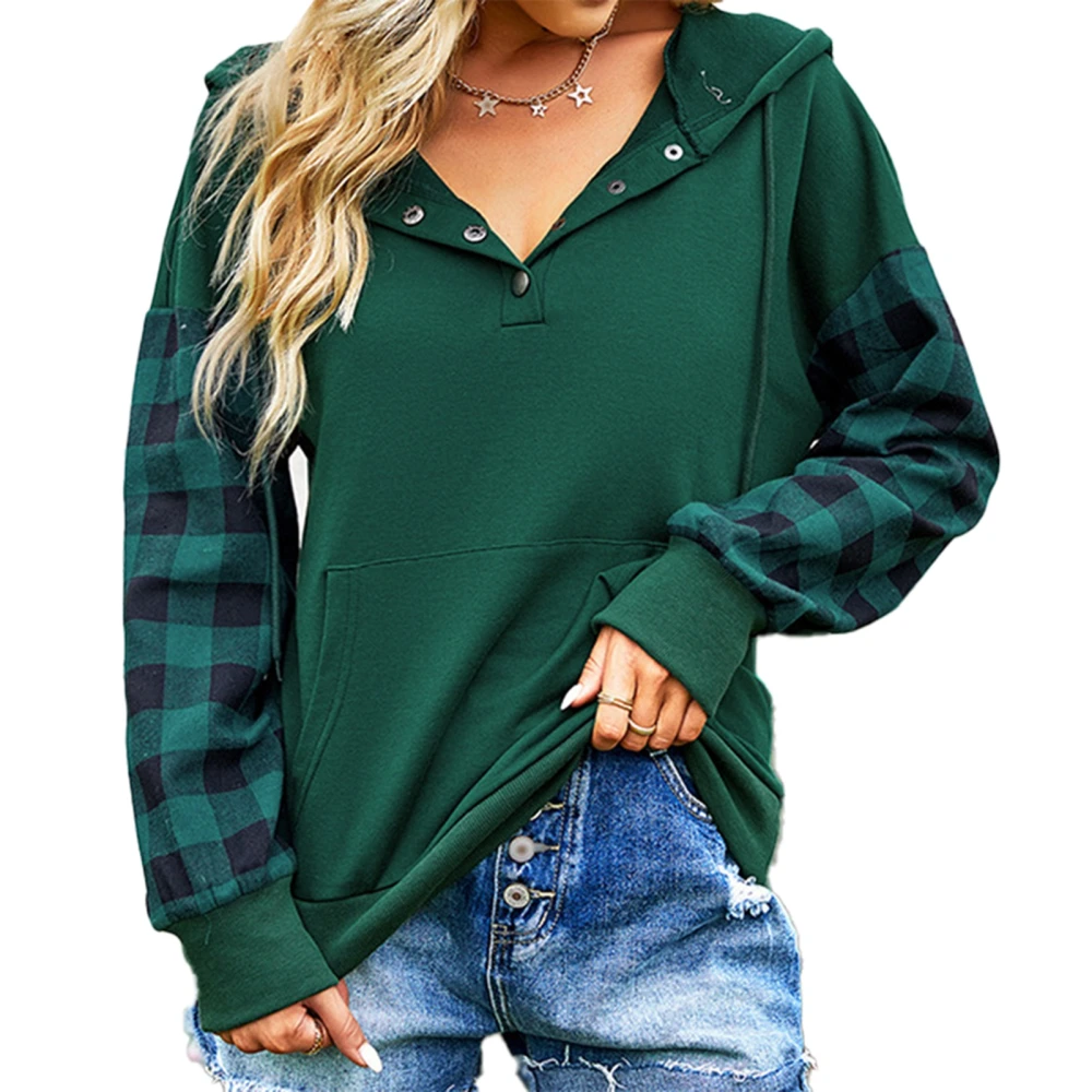 Hoodie Grid Long Sleeve V Neck Drawstring Button Pocket Casual Fashionable Tops for Women Green L