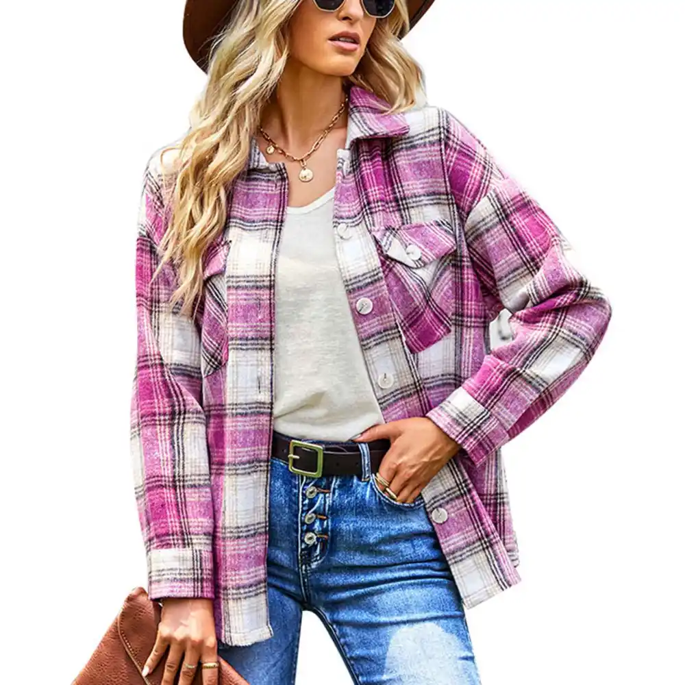 Long Sleeve Plaid Coat Lapel Button Down Simple Stylish Women Casual Coat for Daily Life Shopping Vacation Dating Pink S