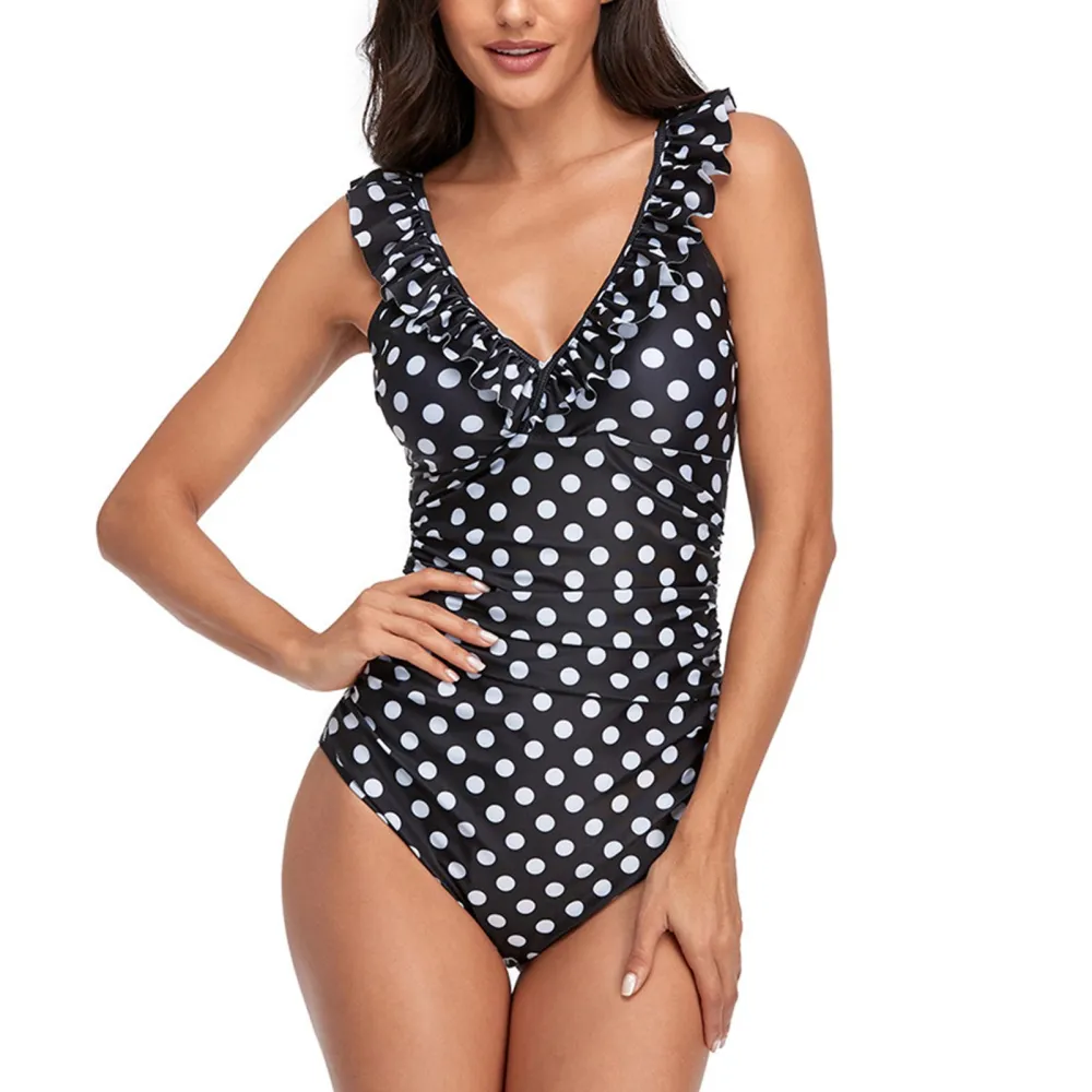 One Piece Swimsuit V Neck Pure Color Ruched Oversized Vintage Bathing Suit for Swimming Black Dots XL