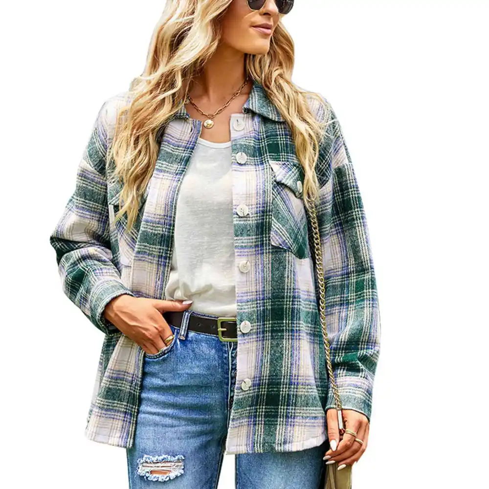 Long Sleeve Plaid Coat Lapel Button Down Simple Stylish Women Casual Coat for Daily Life Shopping Vacation Dating Green S