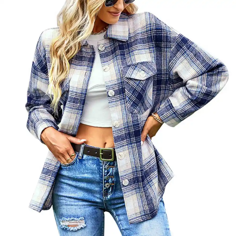 Long Sleeve Plaid Coat Lapel Button Down Simple Stylish Women Casual Coat for Daily Life Shopping Vacation Dating Blue L