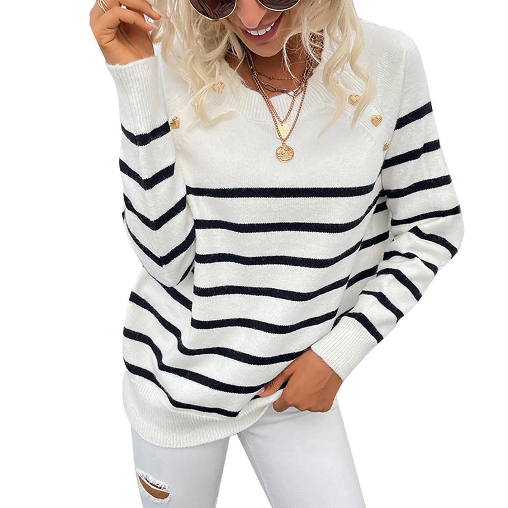 Women Striped Sweater Soft Breathable Material Knitted Striped Design Vivid Colors Women Pullover Sweater for Women White L