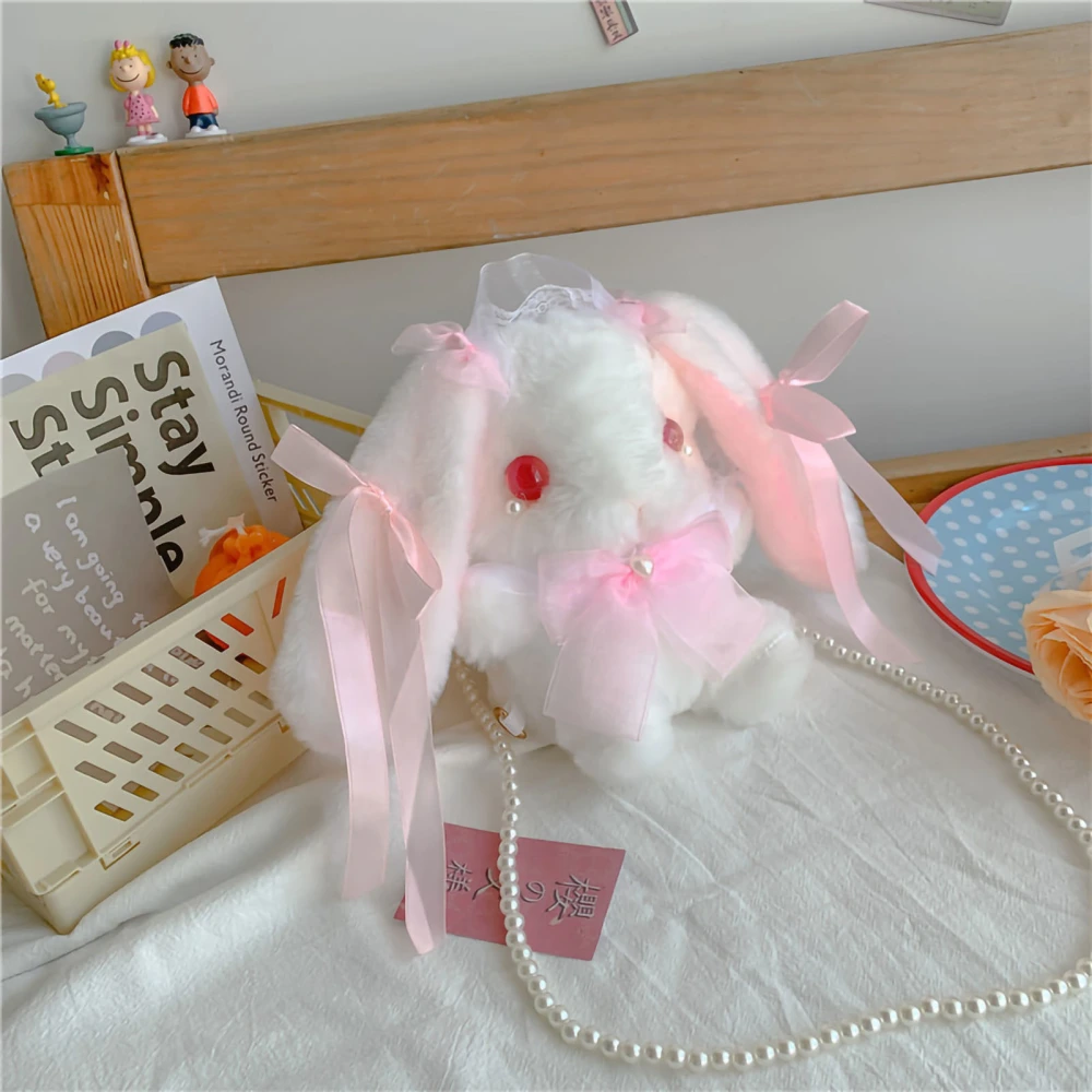 Cute Bunny Handbag Fluffy Fur Cartoon Plush Animals Wallets Bag with Artificial Pearl Straps for Girls Pink