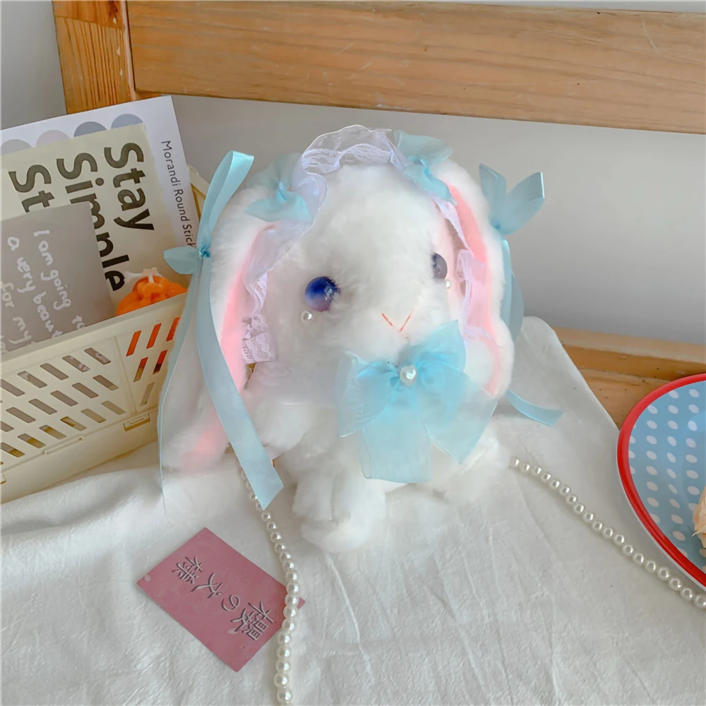 Cute Bunny Handbag Fluffy Fur Cartoon Plush Animals Wallets Bag with Artificial Pearl Straps for Girls Blue