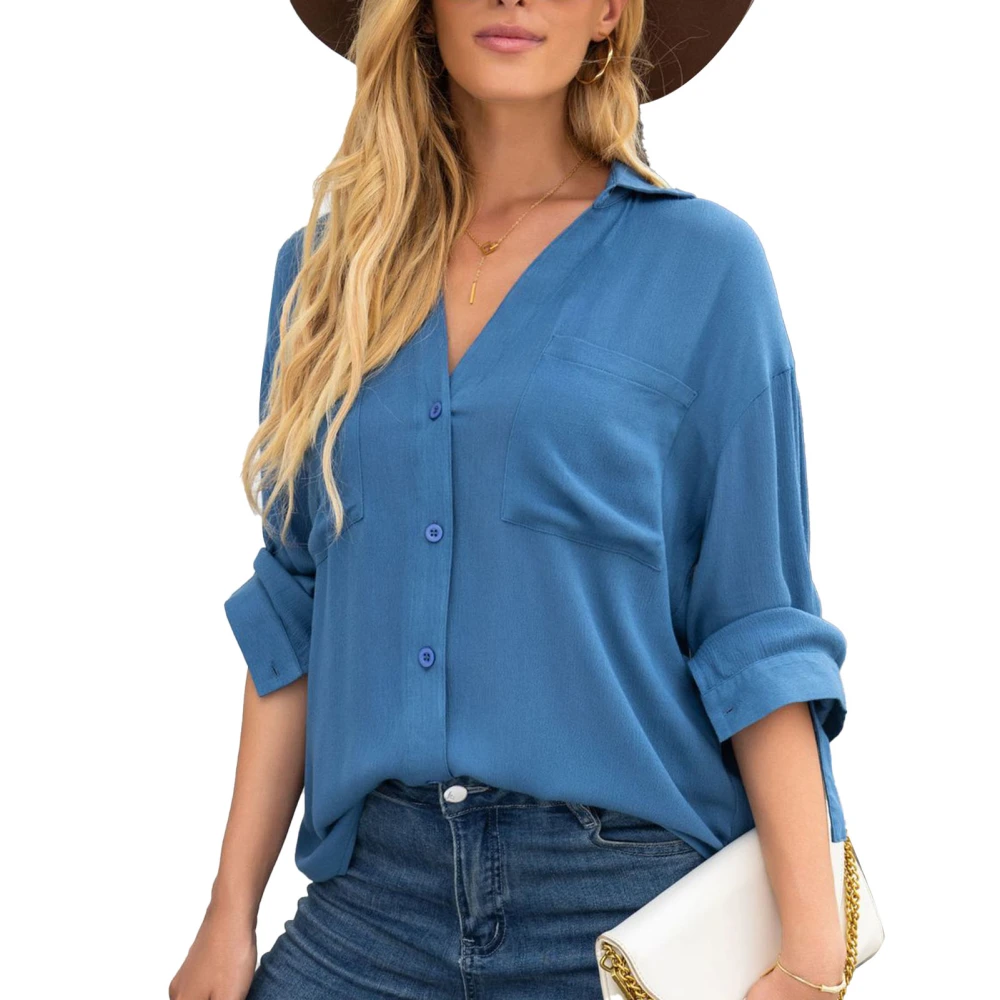 Blouse Ice Silk Long Sleeve V Neck Button Down Pure Color Elegant Tops for Women Blue L