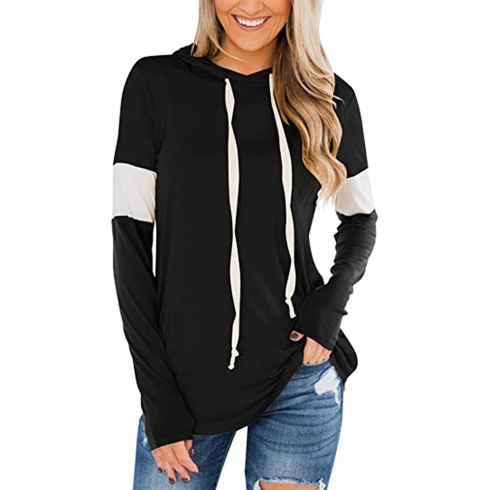 Women Pullover Hoodie Long Sleeve Color Blocking Top Soft Casual Hooded Sweatshirt for Daily Wear Black XXL