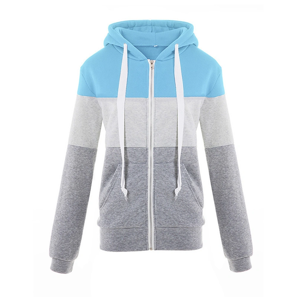 Women Hoodie Casual Top Multi Colours Drawstring Sweatshirt Polyester Fibre for Autumn Blue and Grey L