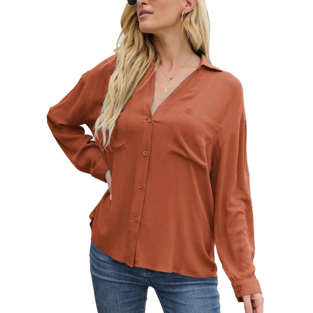 Blouse Ice Silk Long Sleeve V Neck Button Down Pure Color Elegant Tops for Women Rusty Red XL