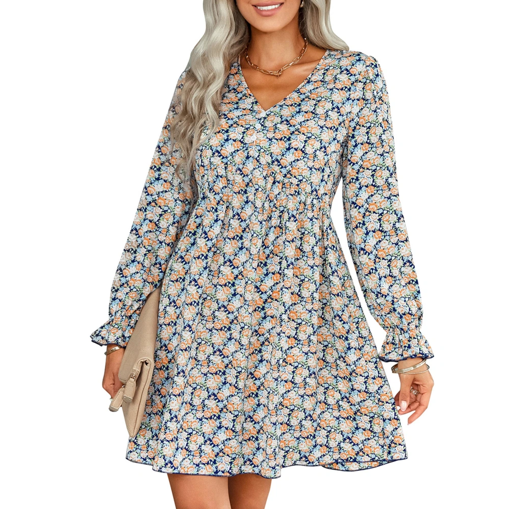 Women Long Sleeve Floral Dress Cute Lantern Sleeves V Neck Casual Floral Dress for All Seasons Yellow L