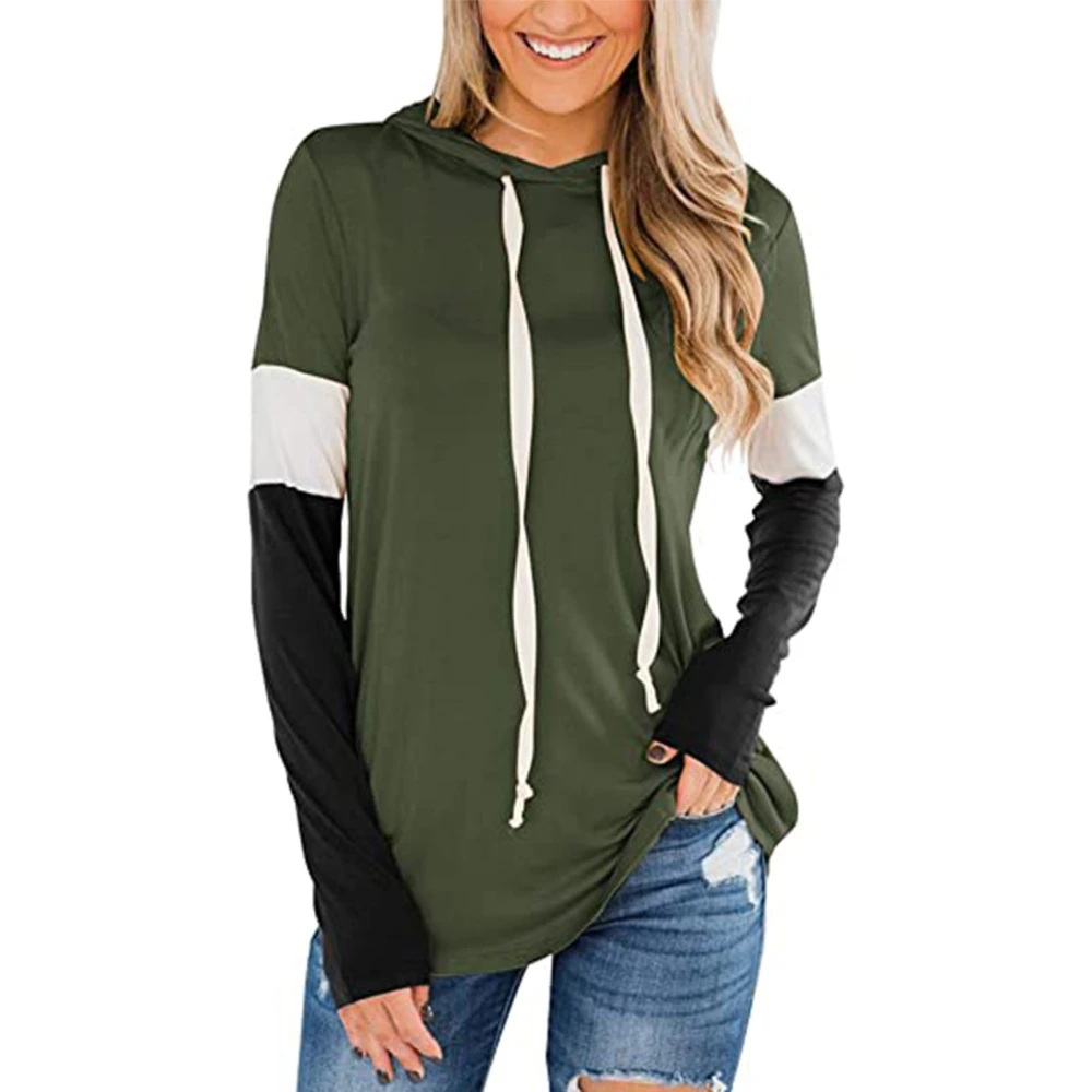 Women Pullover Hoodie Long Sleeve Color Blocking Top Soft Casual Hooded Sweatshirt for Daily Wear OD Green XXL