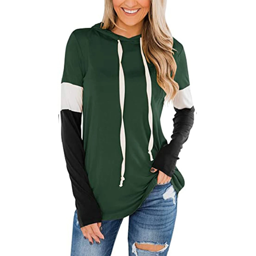 Women Pullover Hoodie Long Sleeve Color Blocking Top Soft Casual Hooded Sweatshirt for Daily Wear Green S