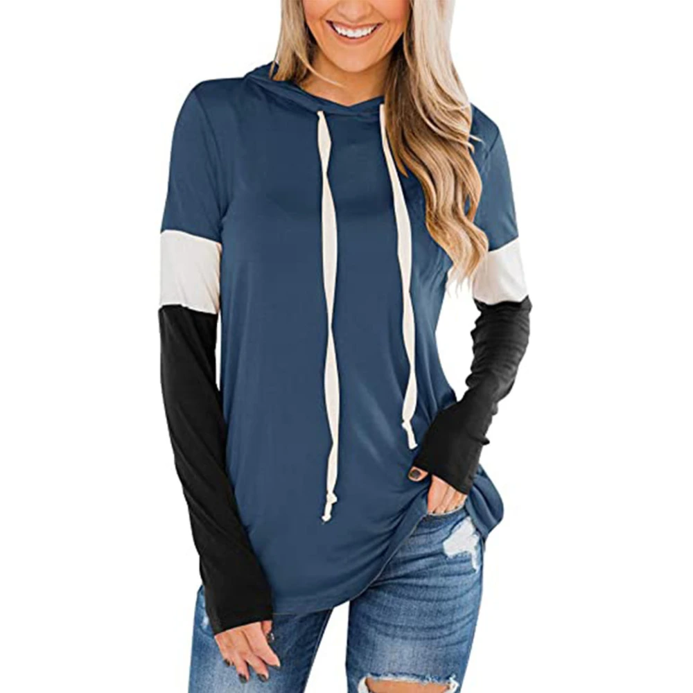 Women Pullover Hoodie Long Sleeve Color Blocking Top Soft Casual Hooded Sweatshirt for Daily Wear Blue XL