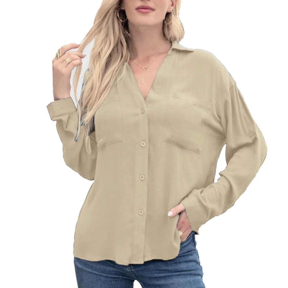 Blouse Ice Silk Long Sleeve V Neck Button Down Pure Color Elegant Tops for Women Khaki M