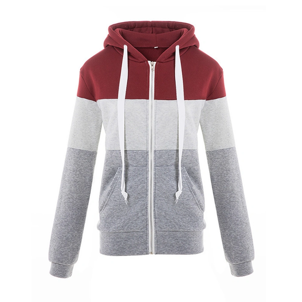 Women Hoodie Casual Top Multi Colours Drawstring Sweatshirt Polyester Fibre for Autumn Red Wine and Grey S