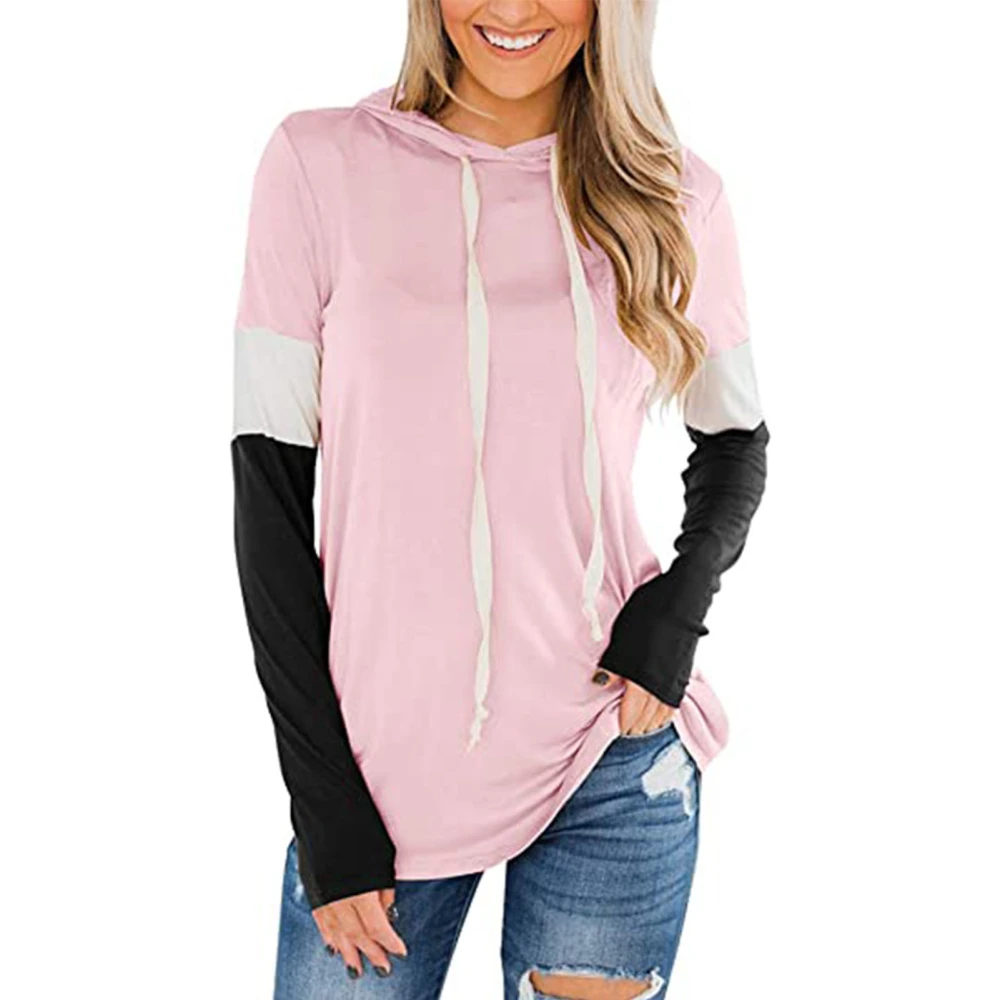 Women Pullover Hoodie Long Sleeve Color Blocking Top Soft Casual Hooded Sweatshirt for Daily Wear Pink S