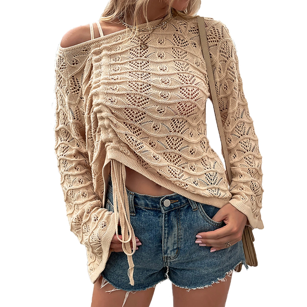 Knitwear Long Sleeve Hollow Out Drawstring One Shoulder Knitted Sweater for Women Apricot M