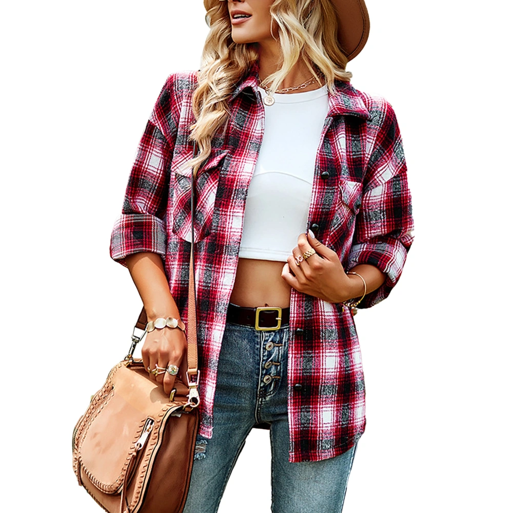 Woman Plaid Shirt Polyester Button Down Long Sleeve V Neck Collared Casual Blouse Tops Red XL