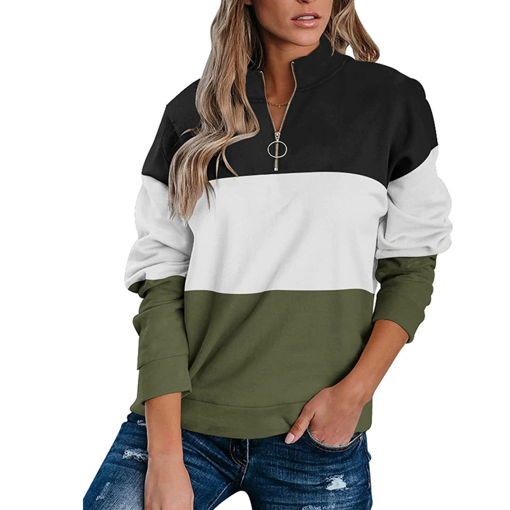 Half Zipper Sweatshirt Stitching Color Block Solid Stylish Long Sleeve Loose Fit Casual Pullover Top Green XL