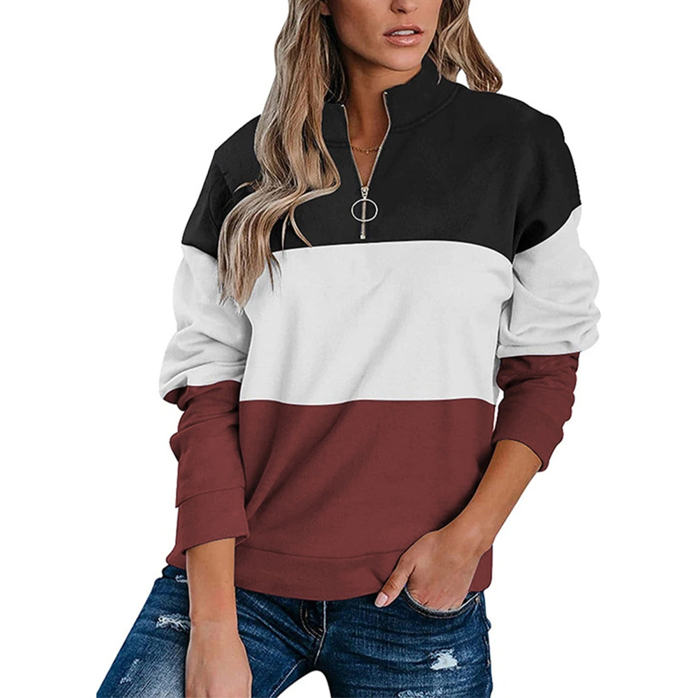 Half Zipper Sweatshirt Stitching Color Block Solid Stylish Long Sleeve Loose Fit Casual Pullover Top Red L