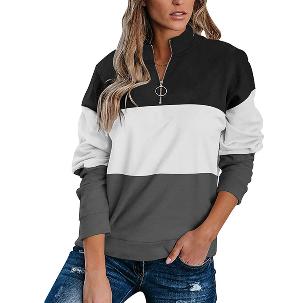 Half Zipper Sweatshirt Stitching Color Block Solid Stylish Long Sleeve Loose Fit Casual Pullover Top Grey XXL