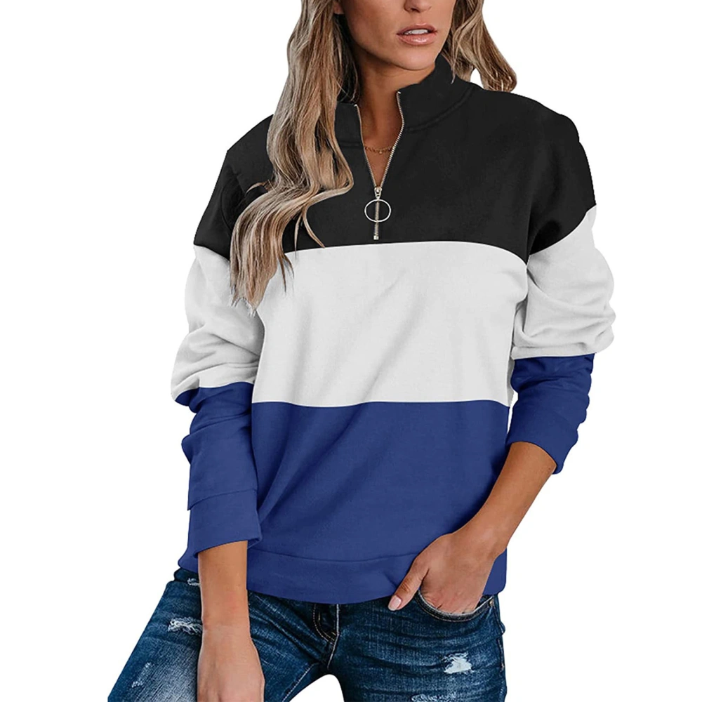 Half Zipper Sweatshirt Stitching Color Block Solid Stylish Long Sleeve Loose Fit Casual Pullover Top Blue M