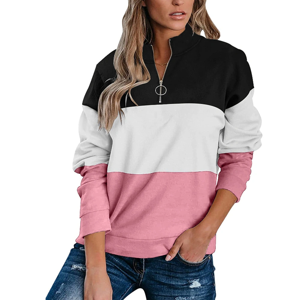 Half Zipper Sweatshirt Stitching Color Block Solid Stylish Long Sleeve Loose Fit Casual Pullover Top Pink XXL