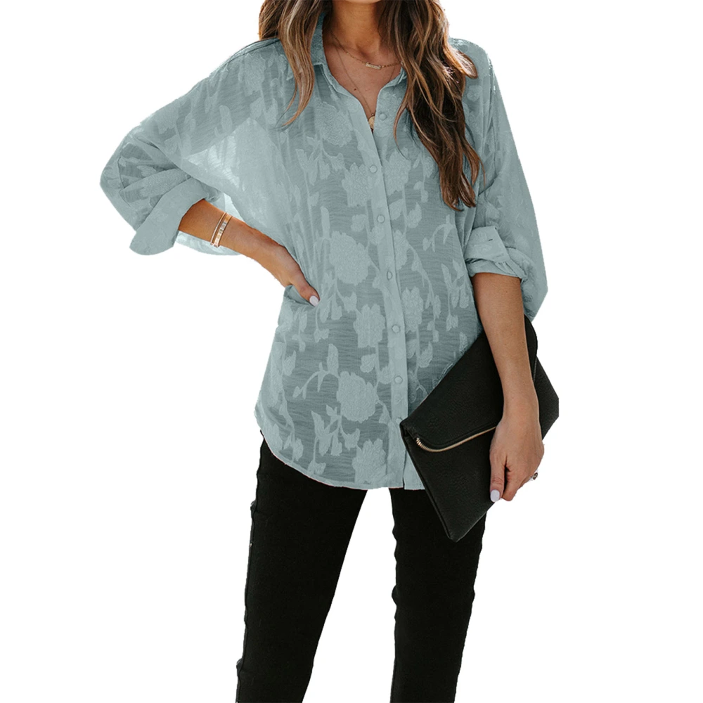 Blouse Long Sleeve Lapel Button Down Floral Print Fashionable Casual Tops for Women Dark Blue S