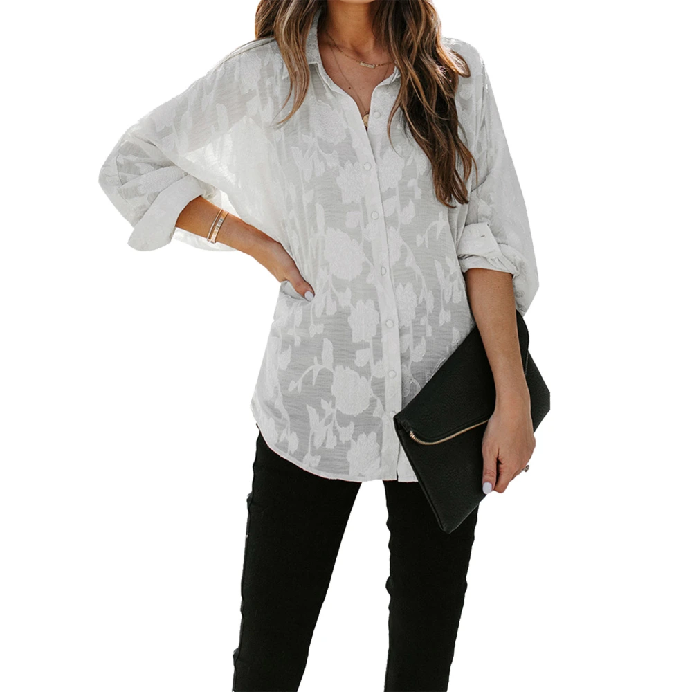 Blouse Long Sleeve Lapel Button Down Floral Print Fashionable Casual Tops for Women White S